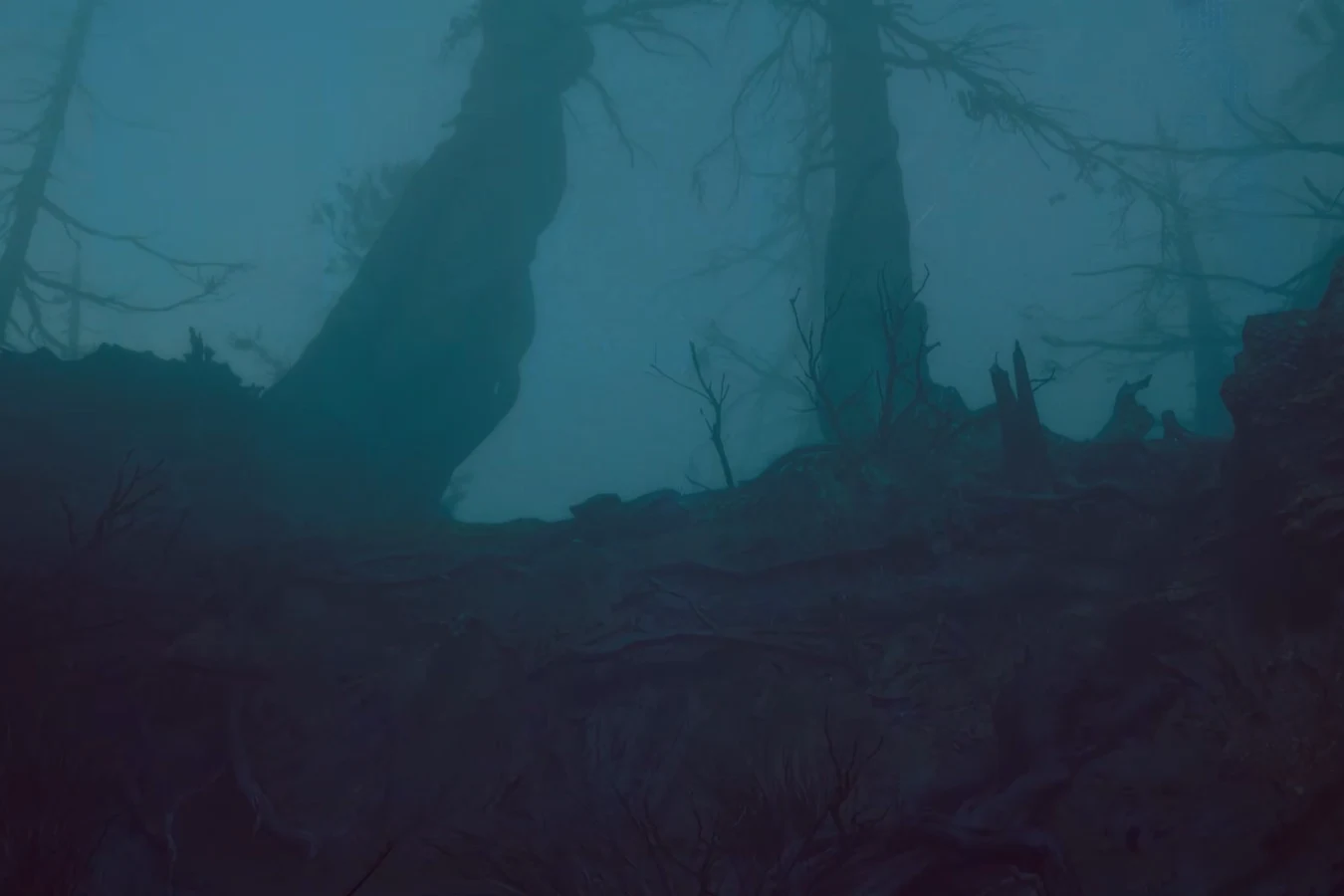 Dead forest and teal fog on the surface of LV-921