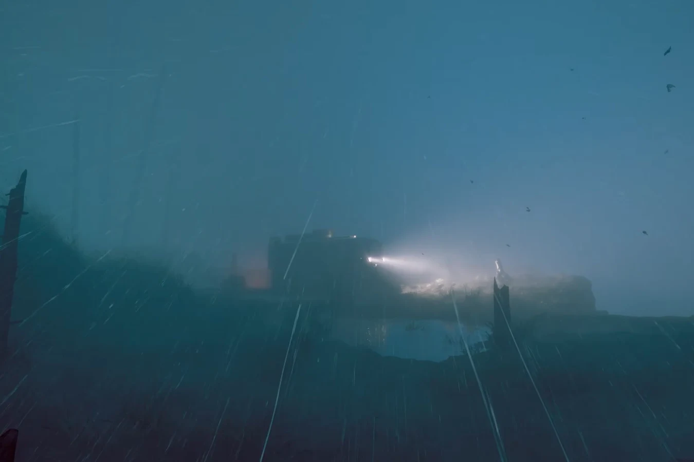 A survey vehicle on LV-921, its spotlight cutting through rain and fog