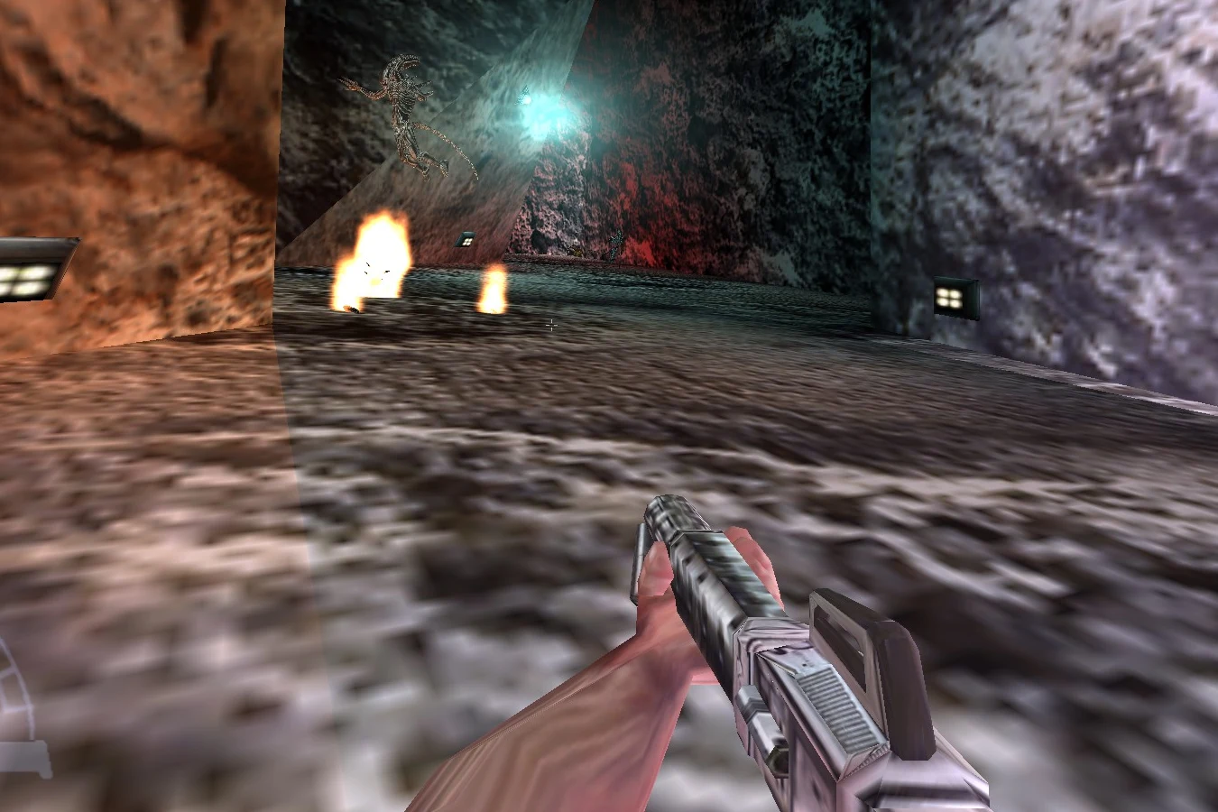 First-person M240 flamethrower in Aliens versus Predator, with flame on the hive floor