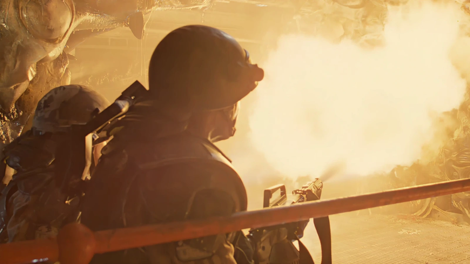 A Colonial Marine firing an M240 flamethrower inside the Hadley's Hope hive in Aliens