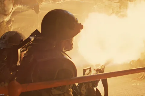 A Colonial Marine firing an M240 flamethrower inside the Hadley's Hope hive in Aliens