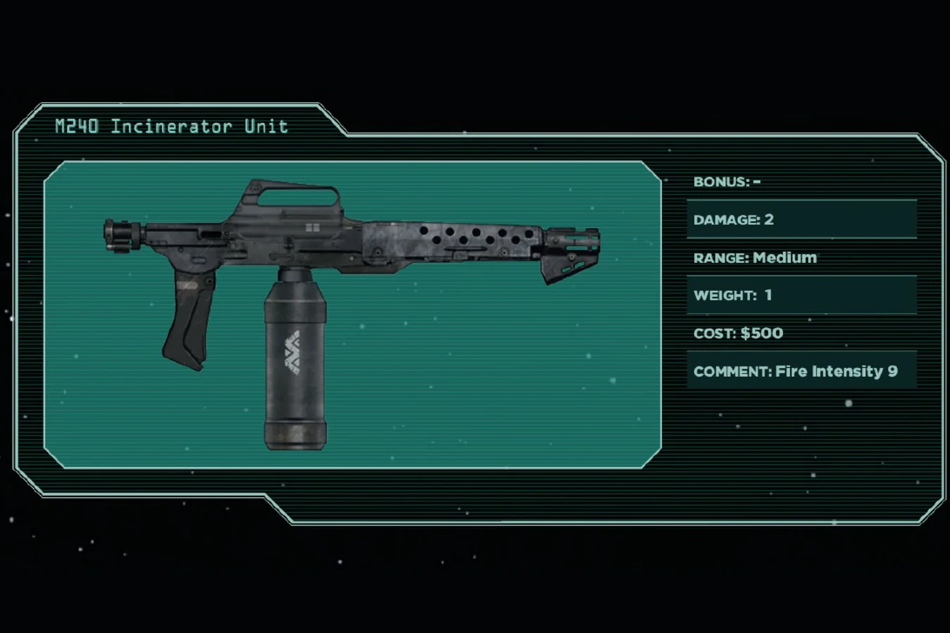 Alien RPG core rulebook entry for the M240 Incinerator Unit, listing damage, range, weight, and Fire Intensity 9