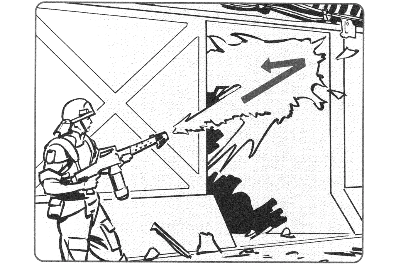 Colonial Marines Technical Manual figure of an M240 blind-angle burst bouncing flame through a wall breach