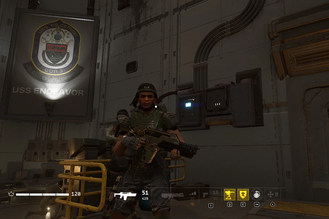A Colonial Marine in later ribbed plate armor and an enclosed helmet aboard the USS Endeavor in Aliens: Fireteam Elite