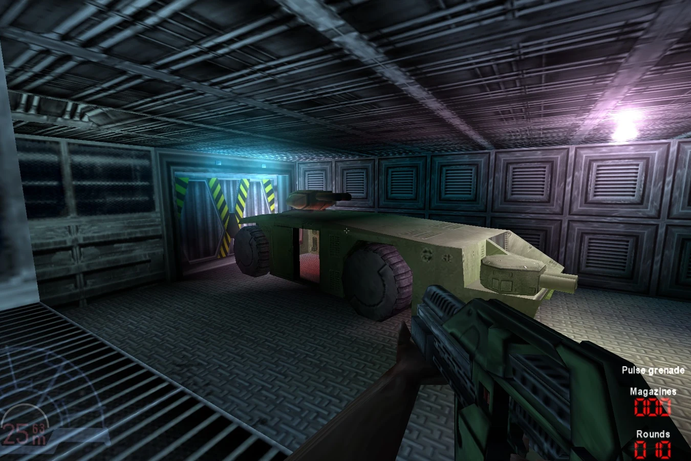 First-person view of an M577 APC inside the Atmosphere Processor in Invasion from Aliens versus Predator Classic, with the side door open