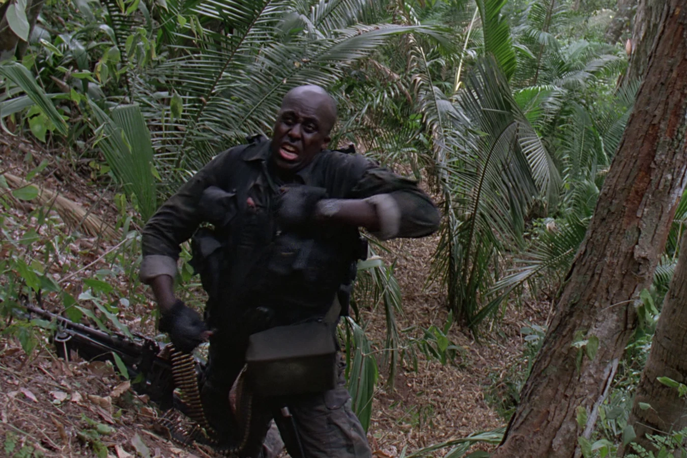 Mac Eliot moving down a jungle slope during the chase in Predator