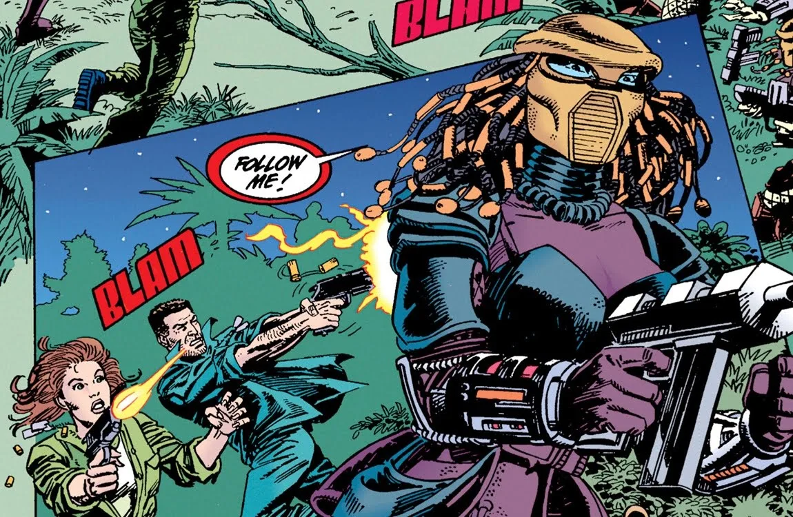 Machiko Noguchi wearing Predator armor in Aliens vs. Predator War