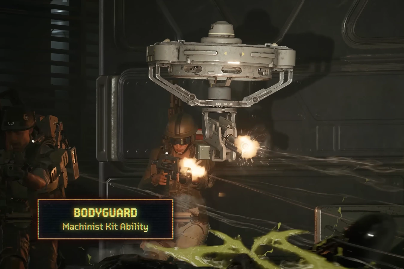 Machinist Bodyguard kit ability covering Marines in a corridor