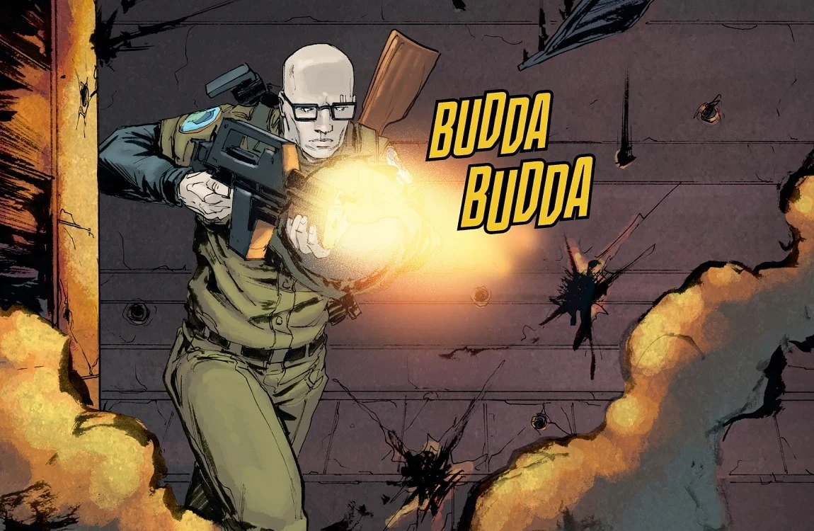 Davis One firing a pulse rifle in Aliens: Defiance