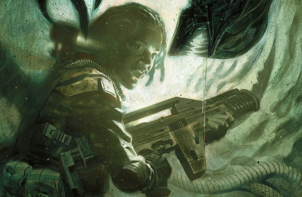 Zula Hendricks with a pulse rifle in Alien: Rogue Incursion