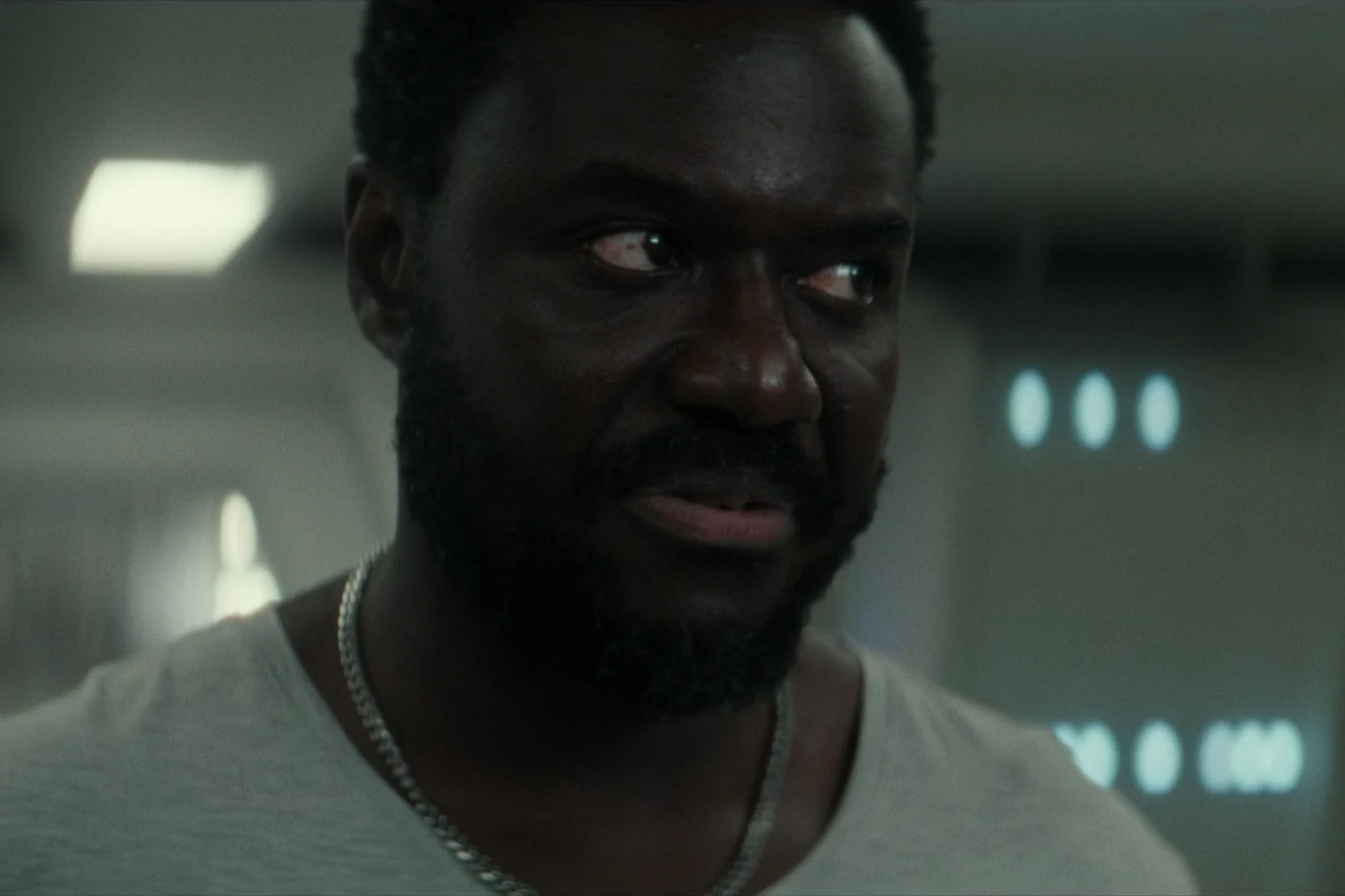 Morrow in a white T-shirt aboard the USCSS Maginot in Alien: Earth