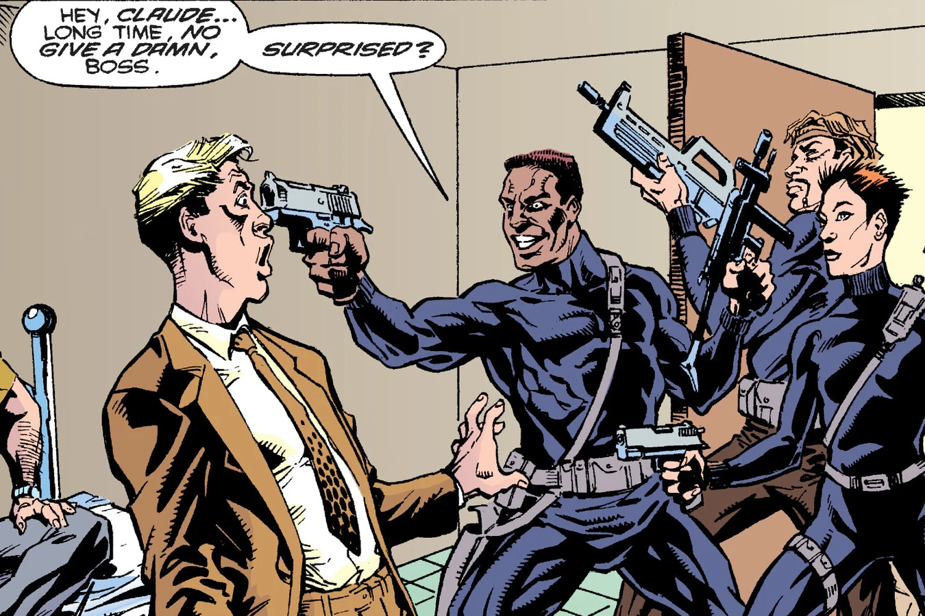 Robert Graves holds a pistol to Claude Loudermilk's head as Mandy Graves and Phillip Smith burst into the room with their guns in Predator: Bad Blood