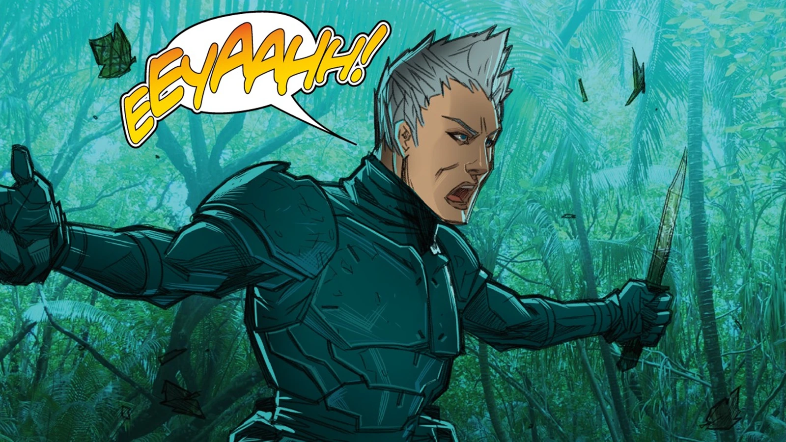 Mandy Graves screams a battle cry as she charges through the jungle of Kehua with her knife in Predator: Hunters