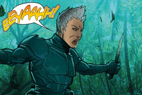 Mandy Graves screams a battle cry as she charges through the jungle of Kehua with her knife in Predator: Hunters