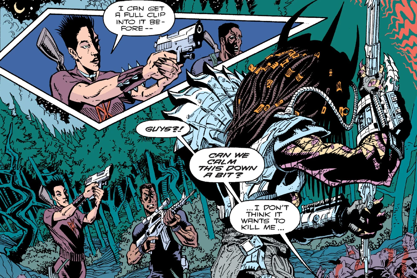 Mandy Graves and Robert Graves aim their guns at the armored Predator in the woods in Predator: Bad Blood