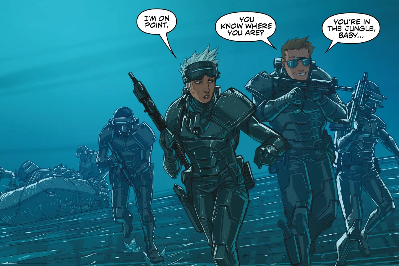 Mandy Graves takes point as the strike team wades ashore on Kehua in Predator: Hunters
