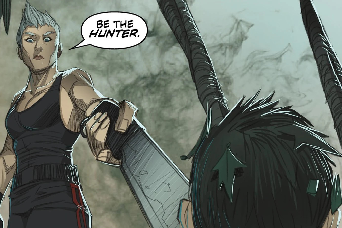 Mandy Graves raises a machete over the wounded Dr. Bunting on Kehua in Predator: Hunters