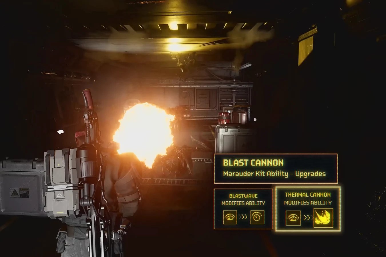 Blast Cannon Marauder kit upgrades showing Blastwave and Thermal Cannon in Aliens Fireteam Elite 2
