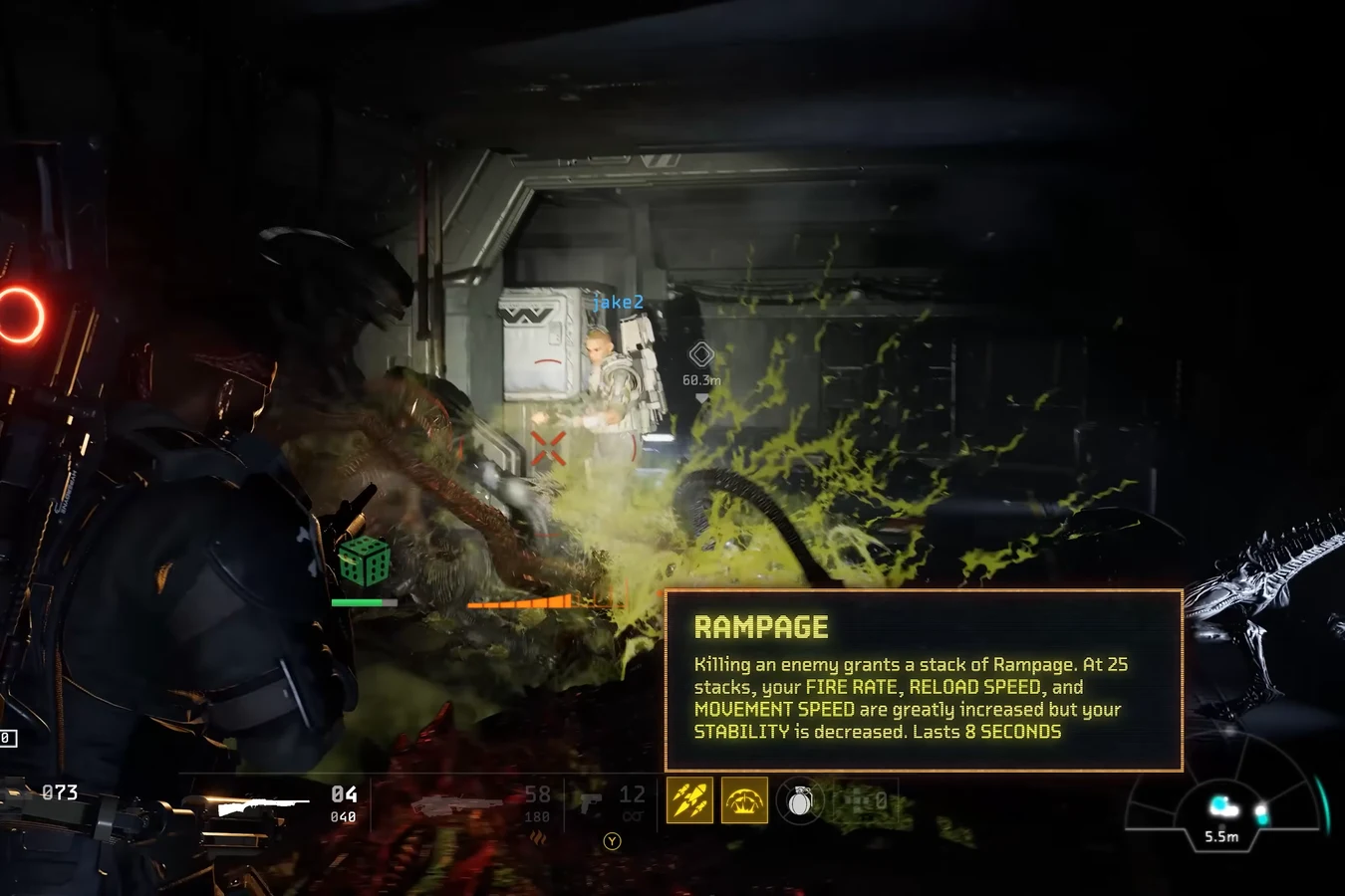 Rampage perk tooltip during Marauder combat in Aliens Fireteam Elite 2