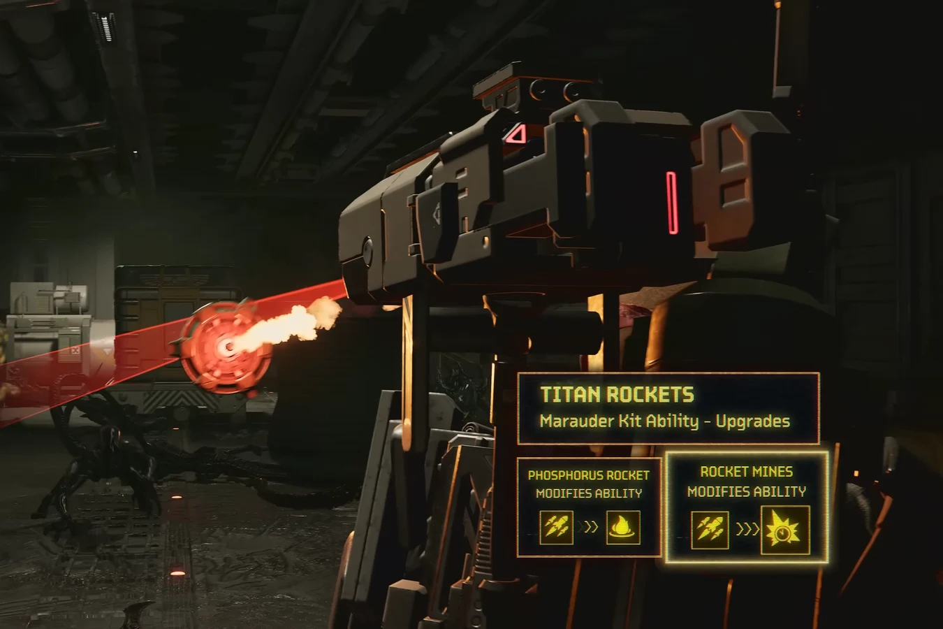 Titan Rockets Marauder kit upgrades showing Phosphorous Rocket and Rocket Mines in Aliens Fireteam Elite 2