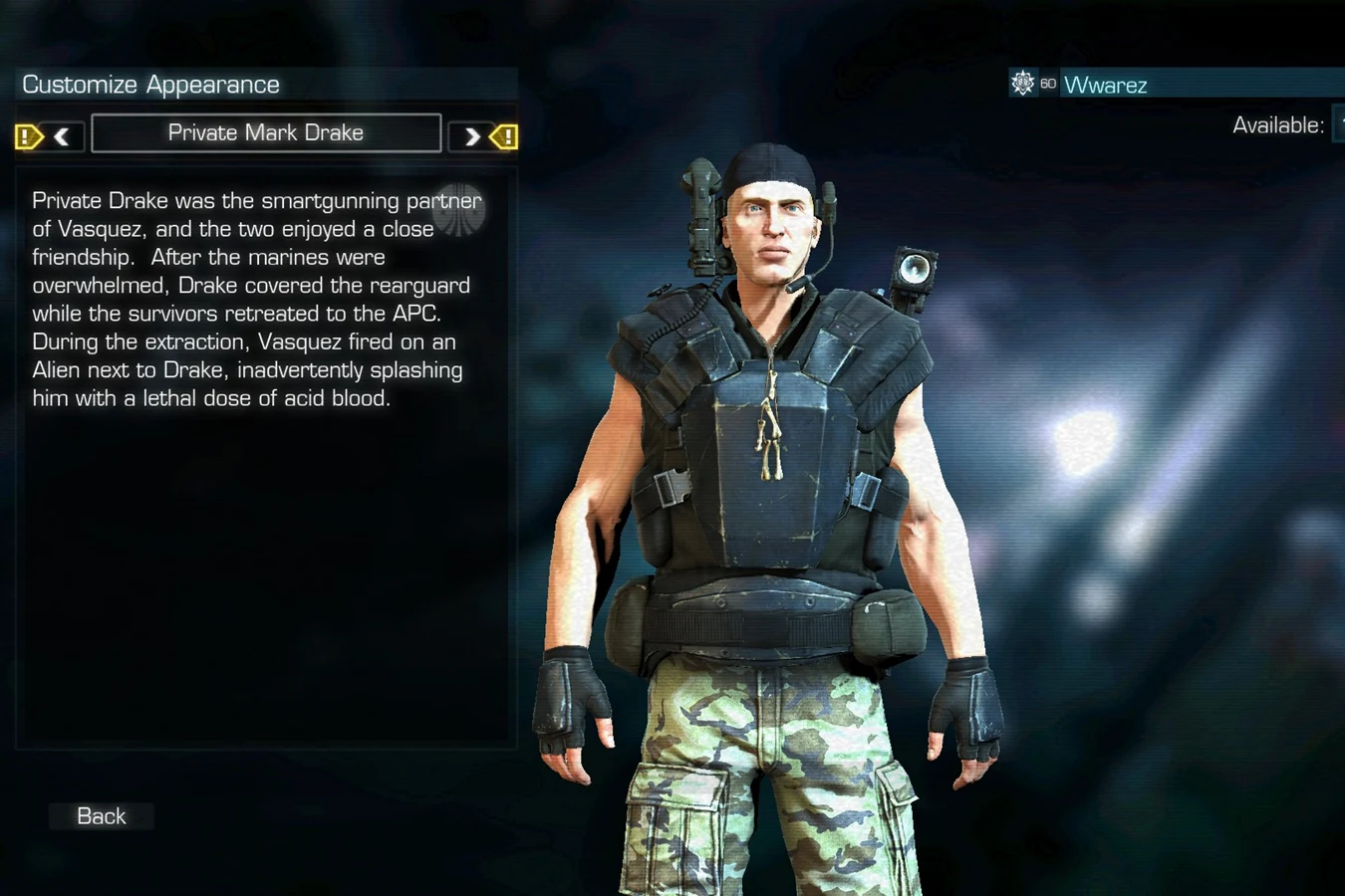 Private Mark Drake multiplayer skin in Aliens: Colonial Marines, with the in-game bio