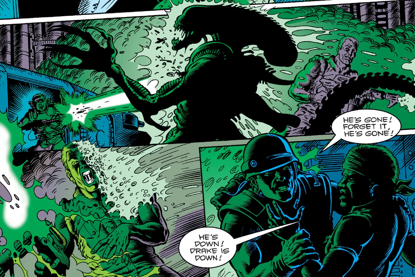 Vasquez's smartgun burst hitting a Warrior and acid covering Drake in Aliens: Newt's Tale