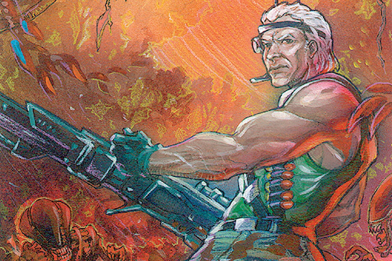 Kenner Aliens Space Marine card art of Drake facing Xenomorphs with a smartgun