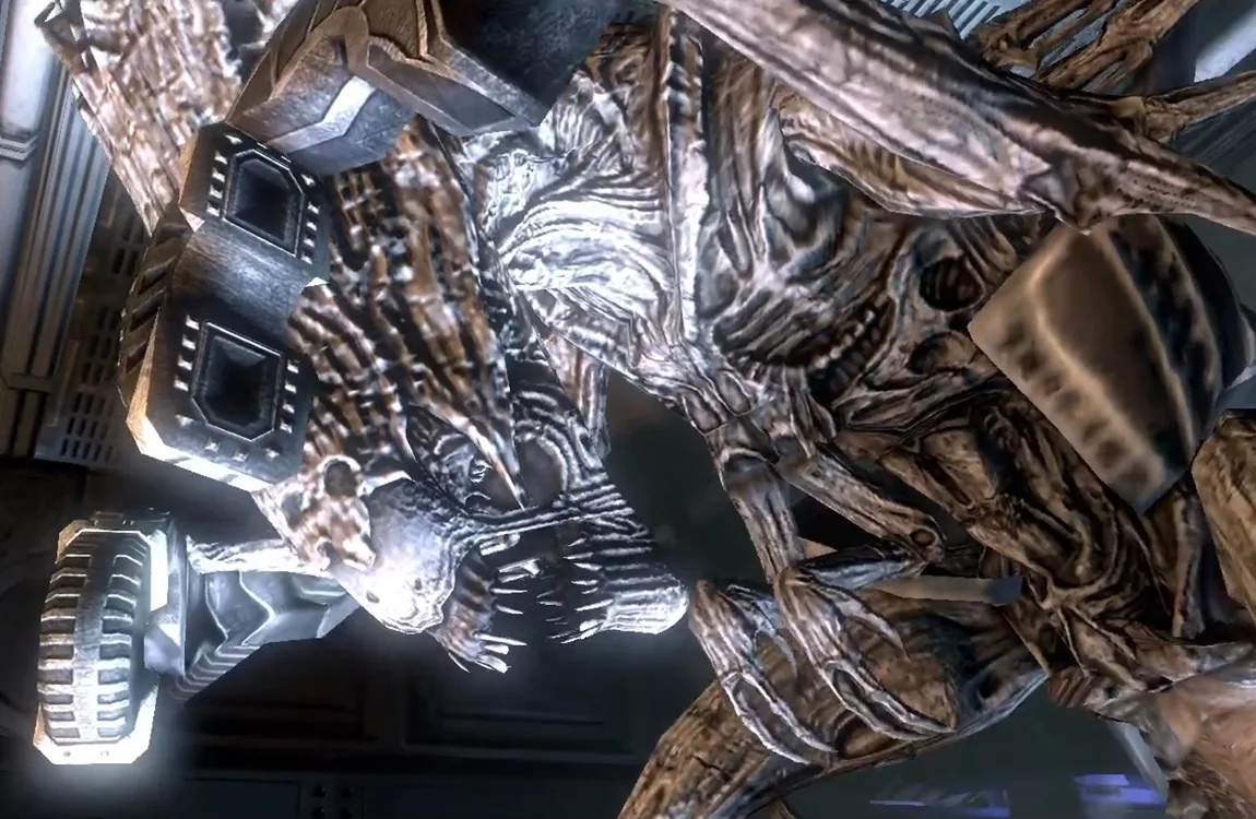 The Matriarch Xenomorph held in restraints inside a Weyland-Yutani facility