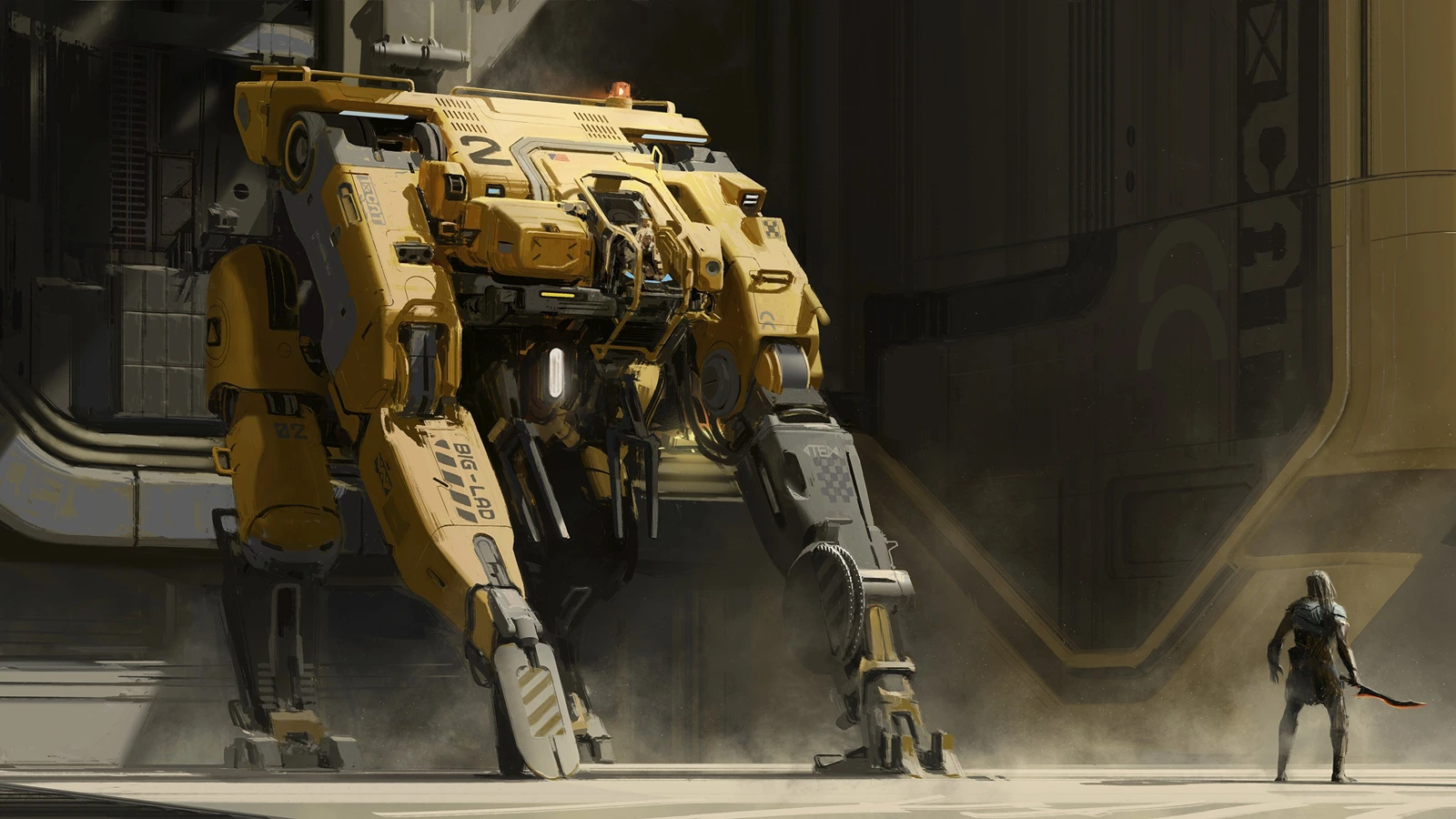 Super Power Loader mech suit facing a Yautja warrior