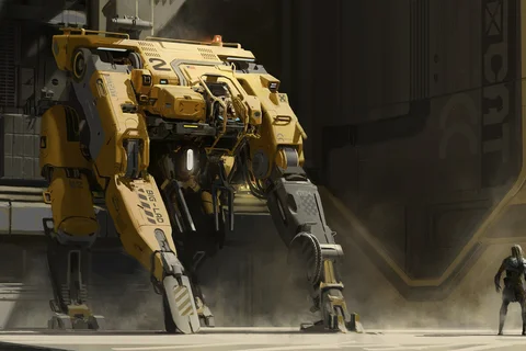 Super Power Loader mech suit facing a Yautja warrior