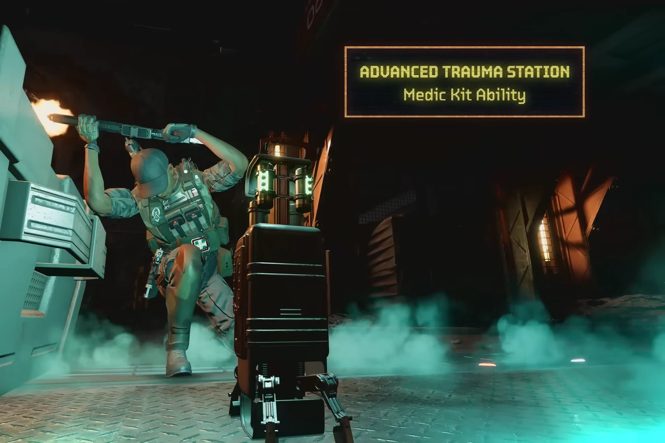 Medic deploying an Advanced Trauma Station that emits green vapor in Aliens Fireteam Elite 2