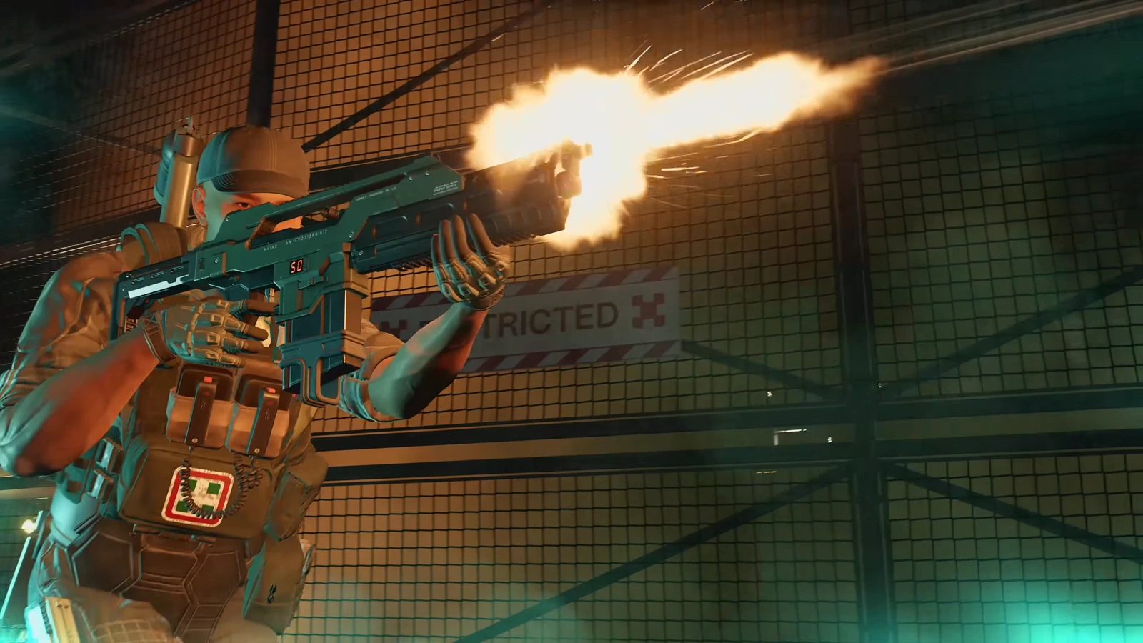 Medic class Marine firing a pulse rifle with a medic patch on his chest rig in Aliens Fireteam Elite 2