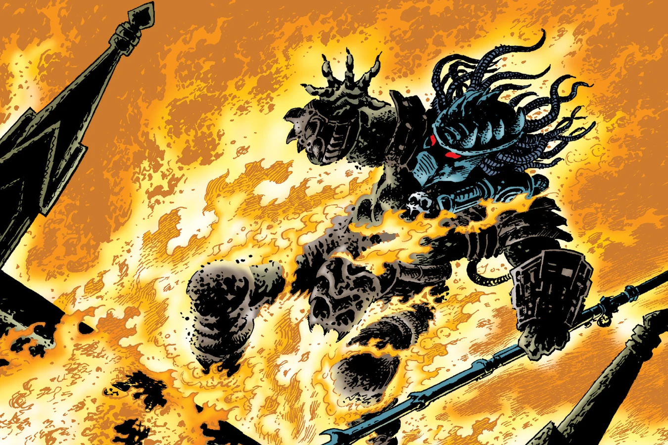 The Mega-City One Predator engulfed in napalm flames as he falls from the ruined cathedral spire with his spear
