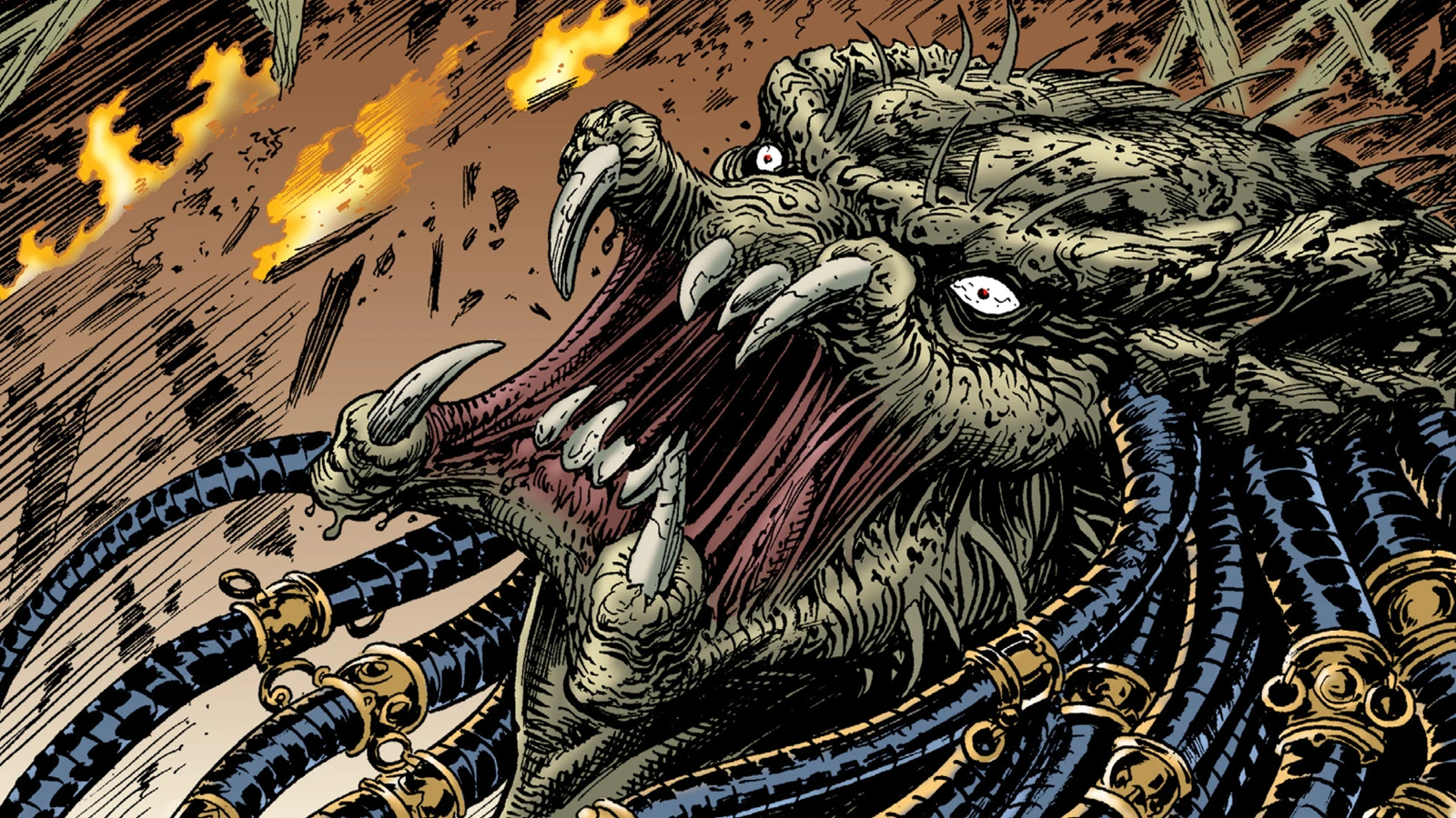 The Mega-City One Predator roaring with his mandibles spread as flames burn behind him in Predator vs. Judge Dredd