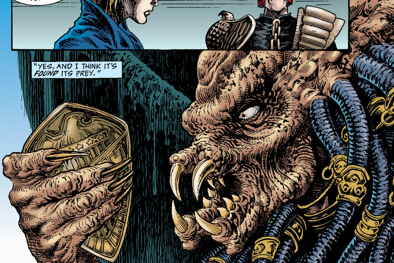 The Mega-City One Predator turning a stolen Judge's badge over in his claws in his lair, as Schaefer and Judge Dredd talk in the panel above