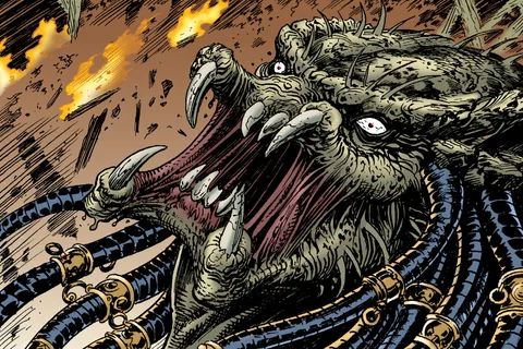 The Mega-City One Predator roaring with his mandibles spread as flames burn behind him in Predator vs. Judge Dredd