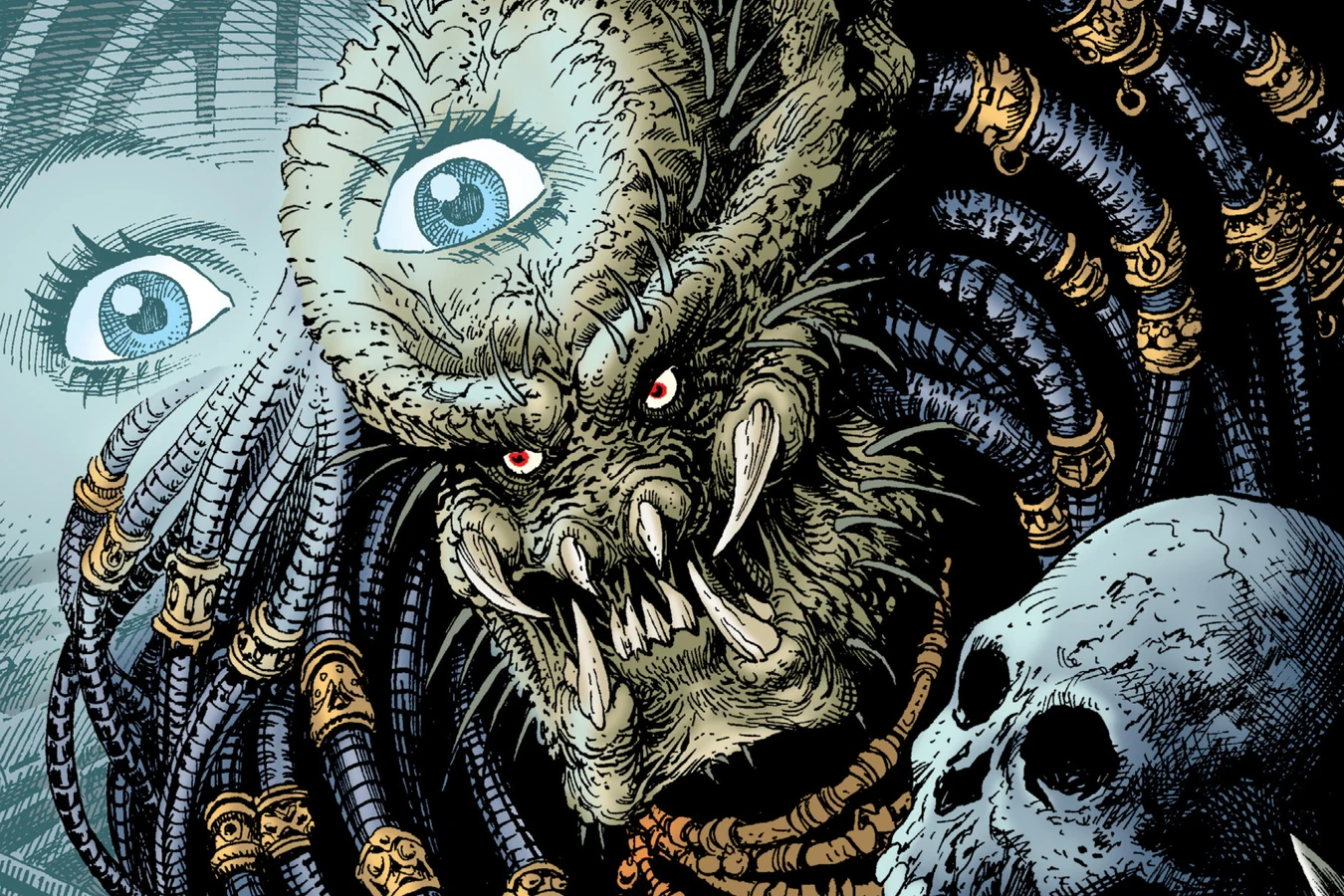 Schaefer's wide eyes looming behind the unmasked Mega-City One Predator and a skull as she sees the hunter in a vision