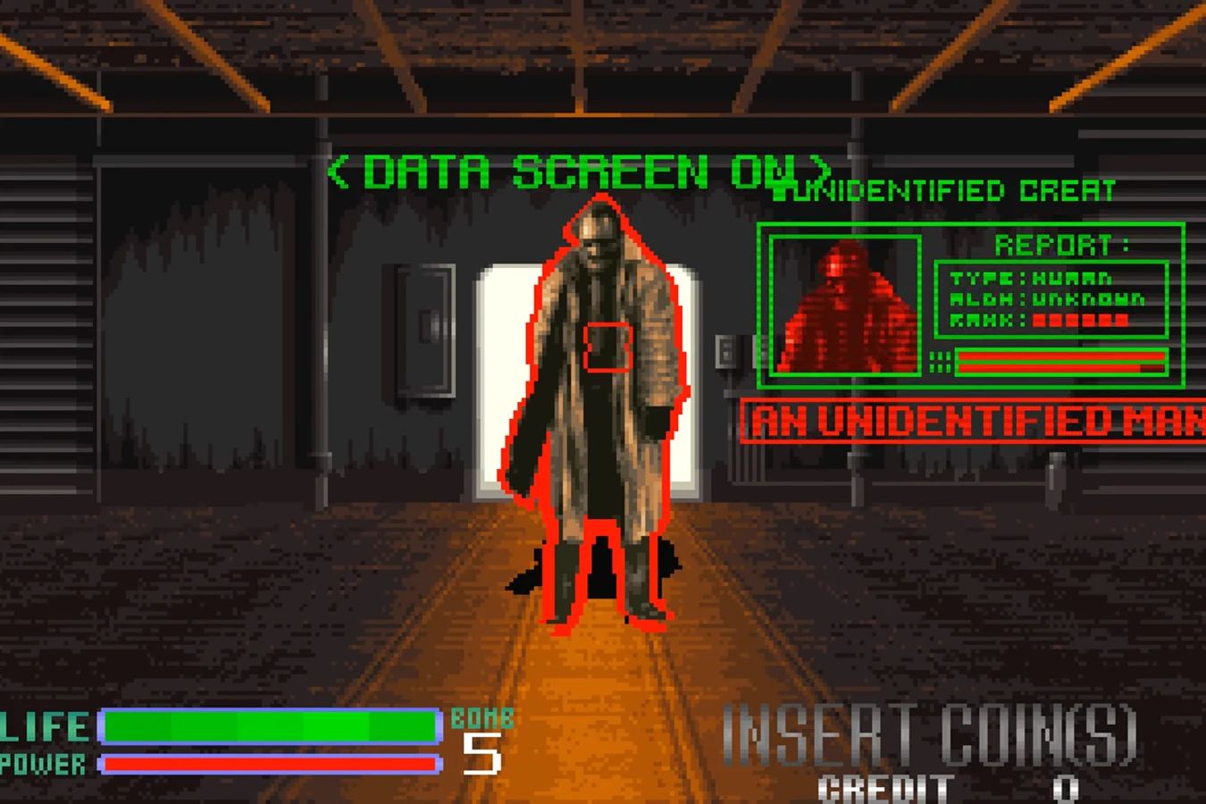 An Unidentified Man as the final boss in Alien 3: The Gun, a coat-wearing figure marked as human