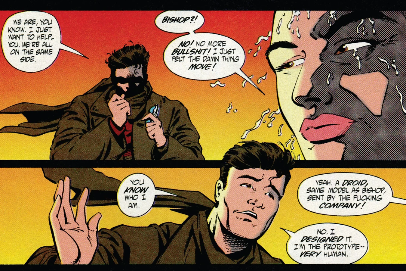 Bishop II in the Alien 3 comic, telling Ripley he designed the android and is human