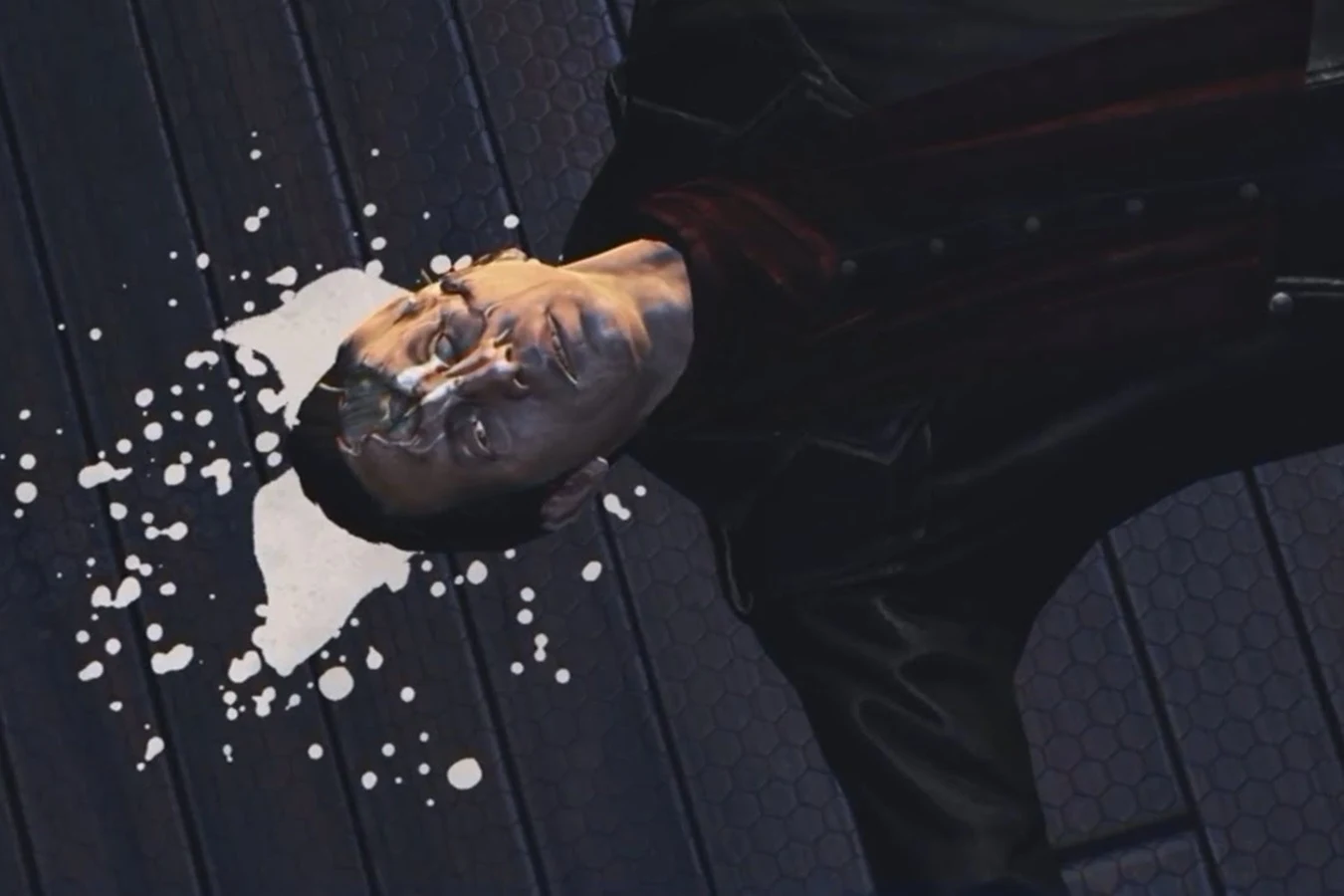 A destroyed Michael Weyland synthetic on the floor with white android blood in Aliens: Colonial Marines