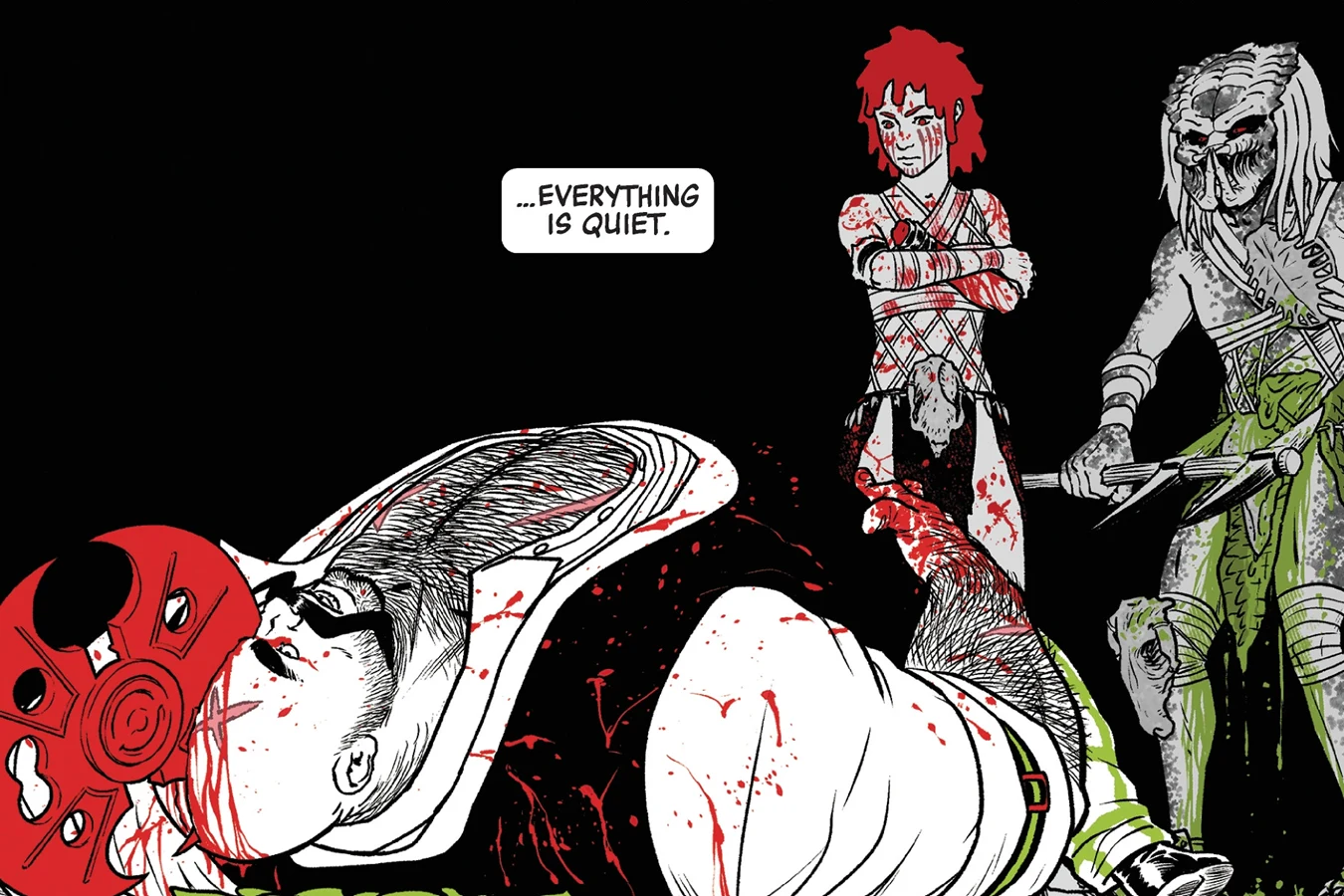 Big Jim lying dead with the red disc buried in his head as a bloodied Millie and the wounded Lucky Boy stood over him in Predator: Black, White & Blood #4