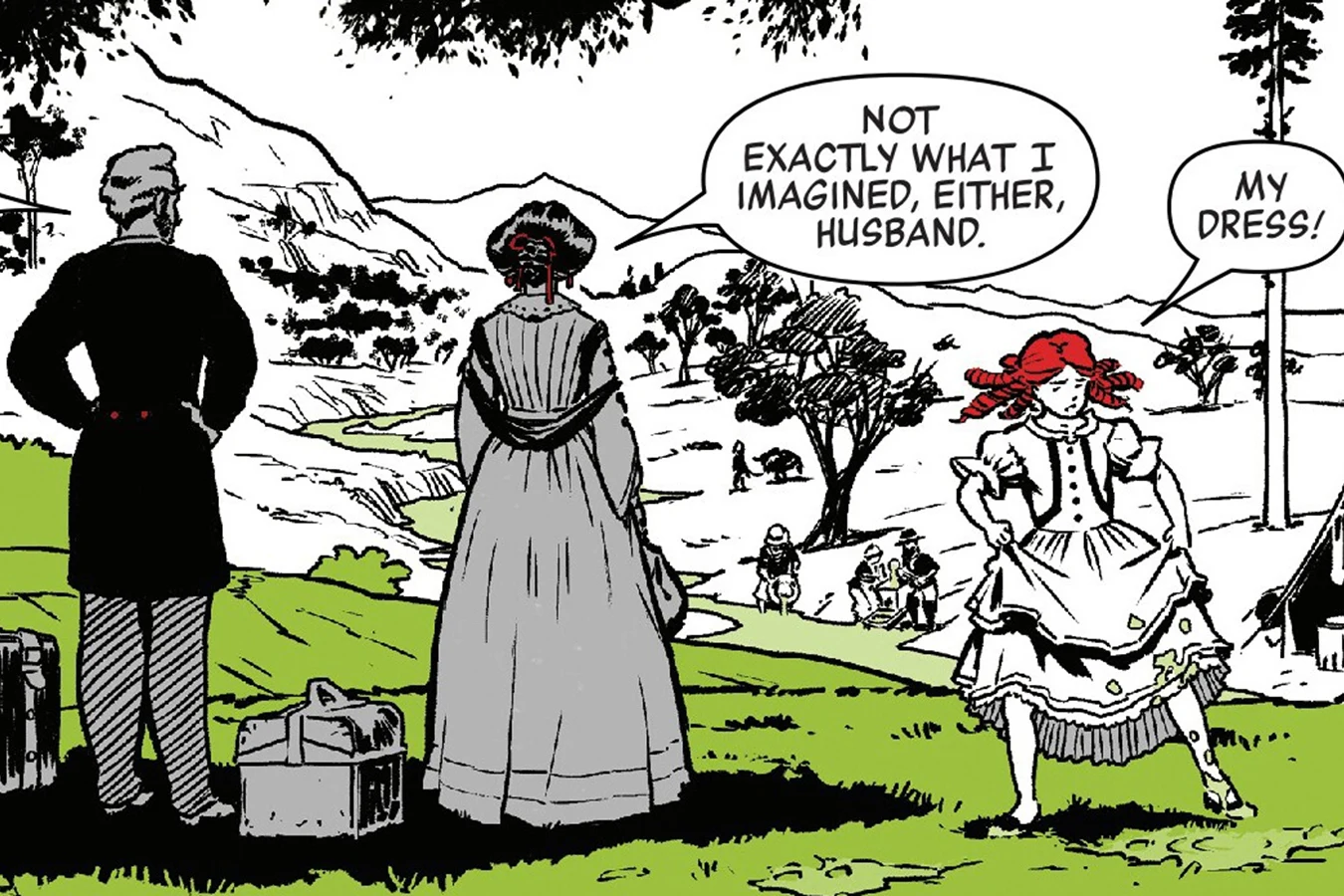 Young Millicent in a white dress holding up her muddy skirt beside her parents as the family arrived on the goldfield in Predator: Black, White & Blood #1