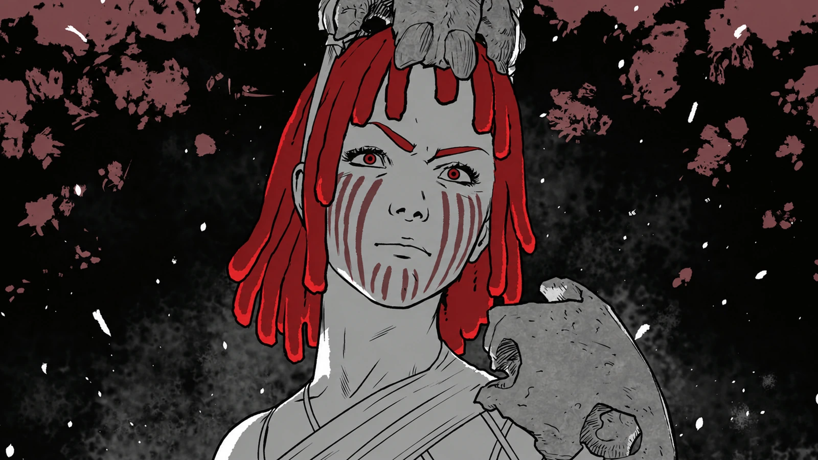 Millicent with red dreadlocks, red war paint and an animal skull headdress in Predator: Black, White & Blood