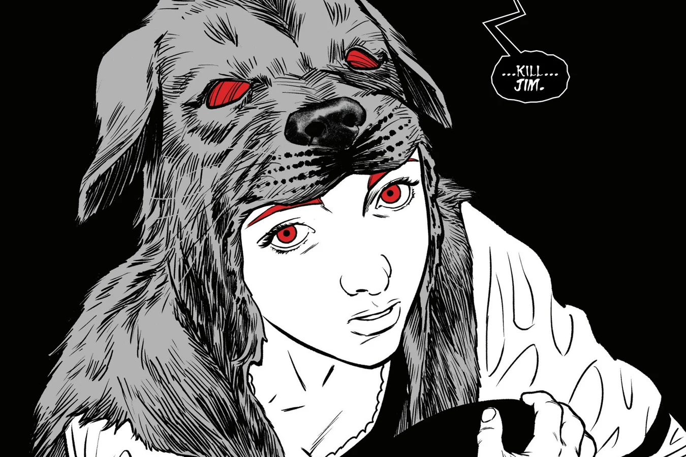 Millie wrapped in a fresh dingo pelt in the cave as Lucky Boy told her to kill Jim in Predator: Black, White & Blood #2
