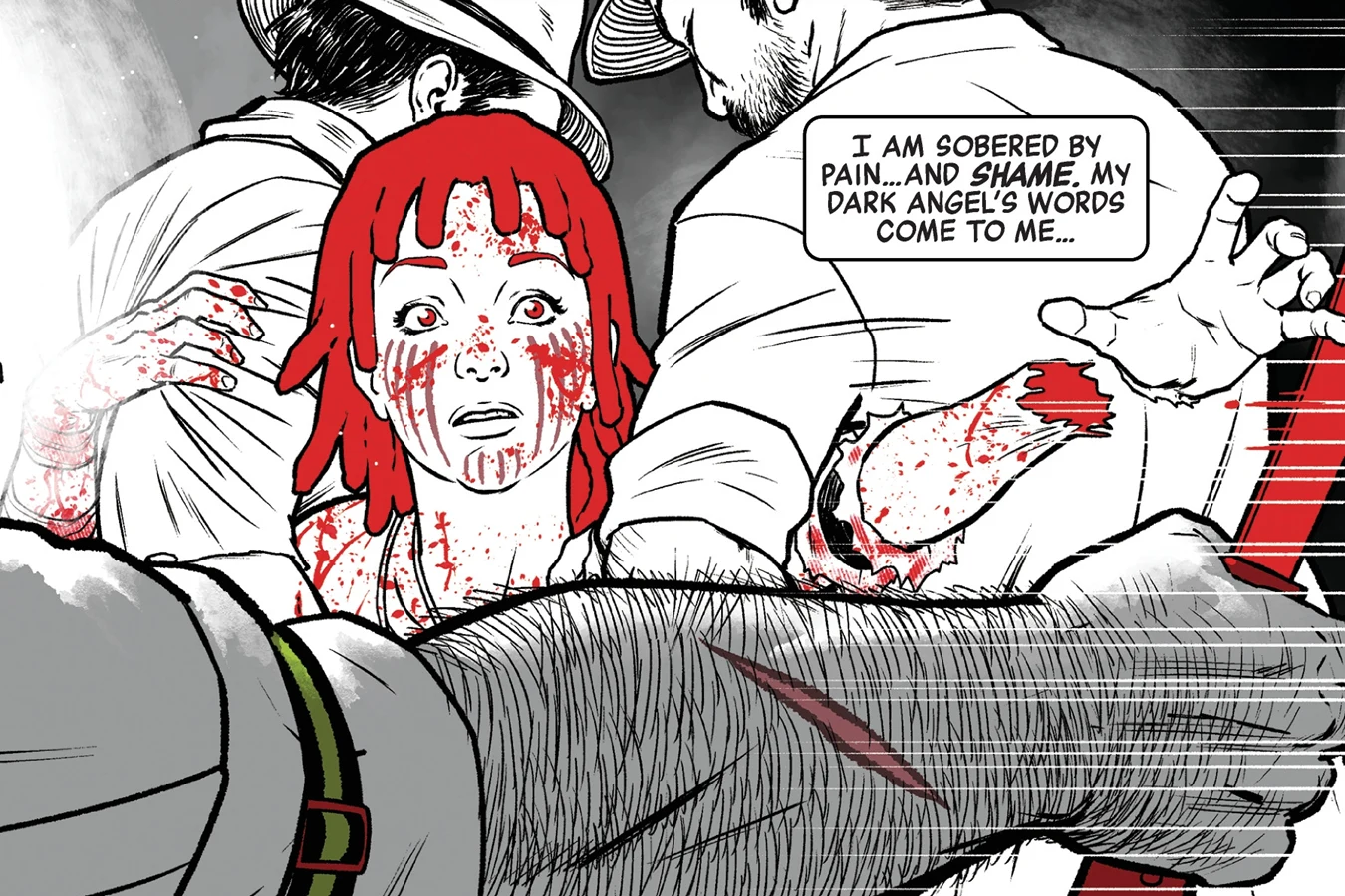 Millie held by two miners as Big Jim's pickaxe swing left her with a bloody stump where her hand had been in Predator: Black, White & Blood #4