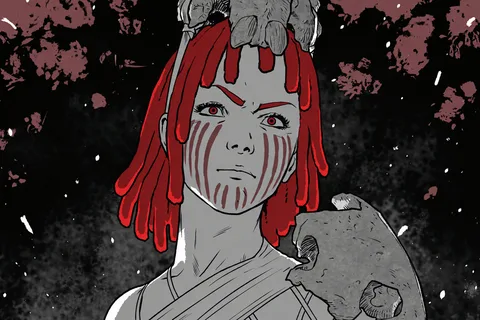 Millicent with red dreadlocks, red war paint and an animal skull headdress in Predator: Black, White & Blood