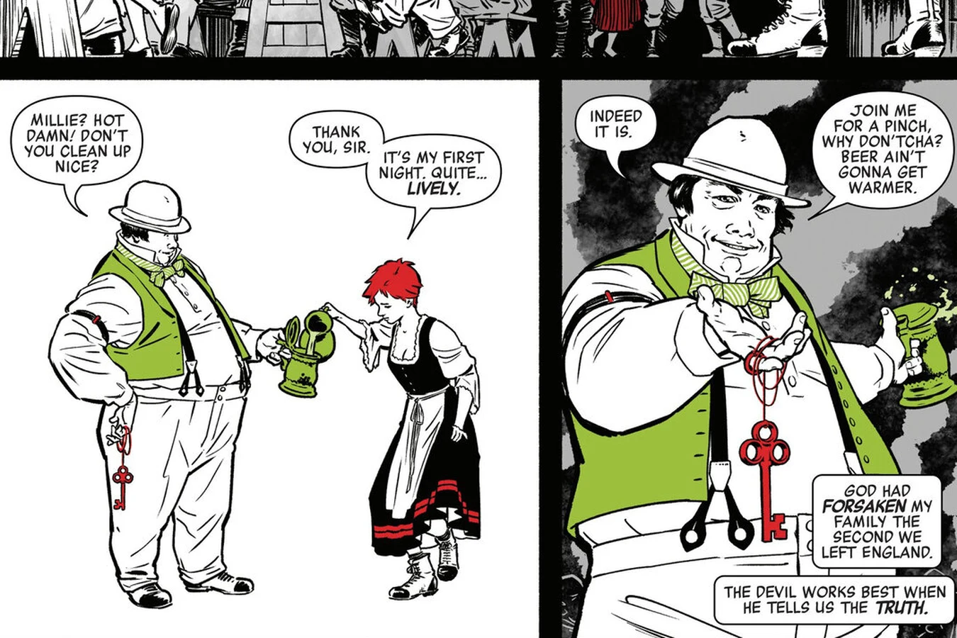 Millie in her server frock pouring a drink for the Red House keeper Philips on her first night at the saloon in Predator: Black, White & Blood #1