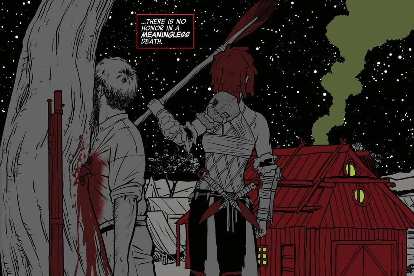 War-painted Millie pinning one of Big Jim's men to a tree with her spear beside the Red House in Predator: Black, White & Blood #3