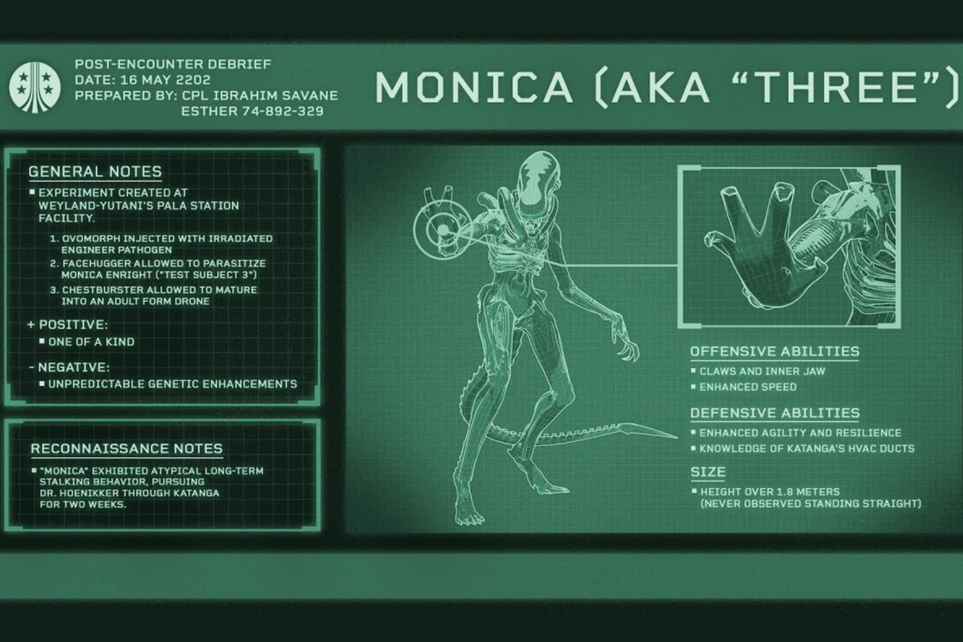 Weyland-Yutani post-encounter debrief on Monica, also called Three, dated 16 May 2202