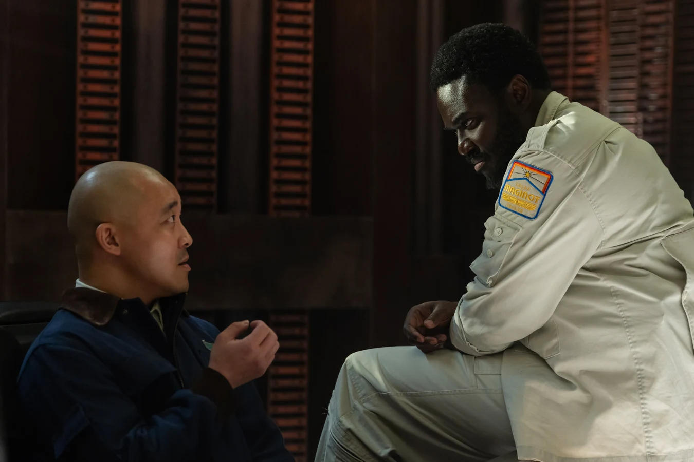 Morrow questioning navigator Teng in an interview room aboard the Maginot in Alien: Earth